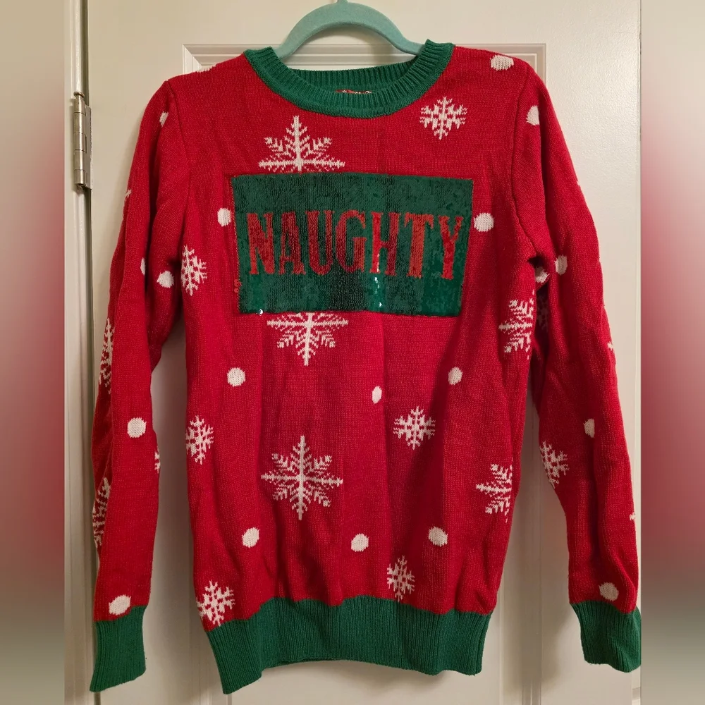To Be Jolly Nice Naughty Sequin Christmas Sweater with Snowflakes Size M - Picture 2 of 4